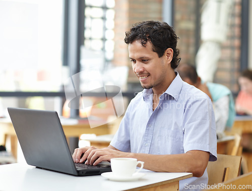 Image of Student man, laptop and cafe with smile, typing and research on internet for studying. Young guy, computer and coffee shop with happiness, reading and social media for news, search or video on web