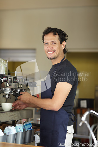 Image of Coffee machine, barista and smile portrait of a man as small business, restaurant or startup owner. Happy entrepreneur man working as a waiter or manager in a cafeteria, cafe or shop for service