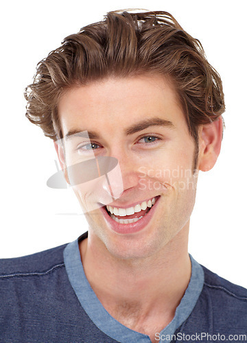 Image of Happy, smile and portrait of a man in a studio with a positive, confident and good mindset. Happiness, confidence and headshot face of a handsome, young and male model isolated by a white background.