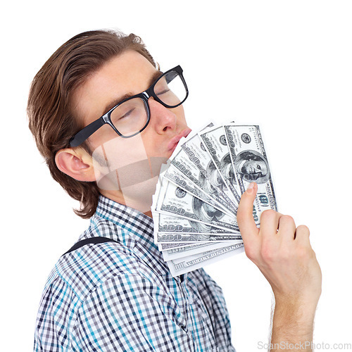 Image of Money, rich and man kiss dollars in studio isolated on white background. Winner, male person and kissing cash after winning lottery, competition or prize, cashback or bonus, financial freedom or deal