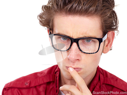 Image of Glasses, thinking portrait of man with hand on lip and in studio or white background. Choices or decision, male model with concentration or focus expression with spectacles and finger on mouth