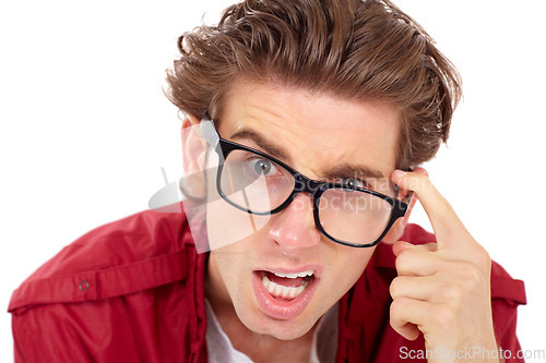 Image of Portrait, confused and crazy with a man in studio isolated on a white background thinking about problem solving. Question, doubt or comic with a handsome young male geek looking silly wearing glasses