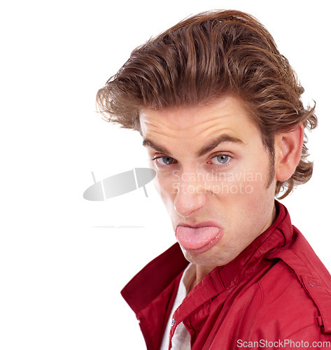 Image of Portrait, funny and man with tongue out, silly and human isolated against a white studio background. Face, male person and model with silly gesture, comic and goofy with happiness, playful and comedy