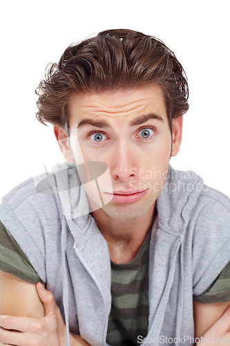 Image of Anxiety, shocked and portrait of man in studio for surprise, worry and amazed. Nervous, fear and mental health with face of male model isolated on white background for concerned, alert and stunned