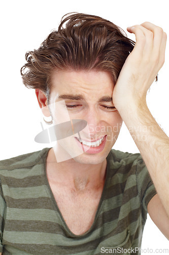 Image of Headache, stress and pain with man in studio for worry, anxiety and suffering. Migraine, depression and mental health with male model isolated on white background for pressure, frustrated and tired