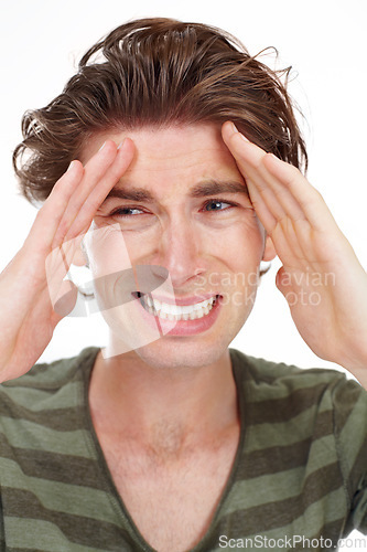 Image of Man, frustrated and regret mistake in studio with thinking, memory and worried by white background. Male student, young guy and oops with stress, anxiety and problem with fashion, confused and fail