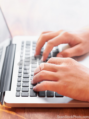 Image of Laptop, typing and hands of business man at desk for research, website and communication. Technology, internet and email with closeup of male employee at computer for planning, digital and networking