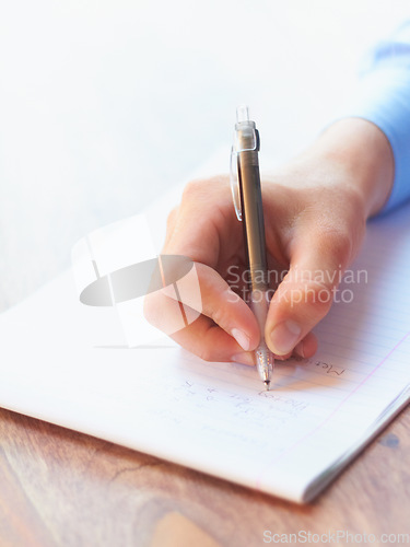 Image of Writing, idea and hand of business man for strategy, planning and brainstorming. Research, administration and notebook with closeup of male employee for information, mission and documents list