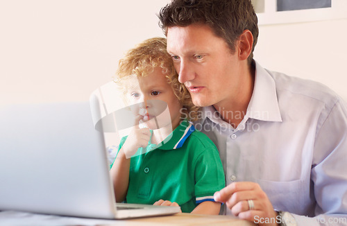 Image of Laptop, elearning and father with kid in home for homework, homeschool and studying. Computer, online education and child with dad for learning, teaching or knowledge, helping and bonding in house.