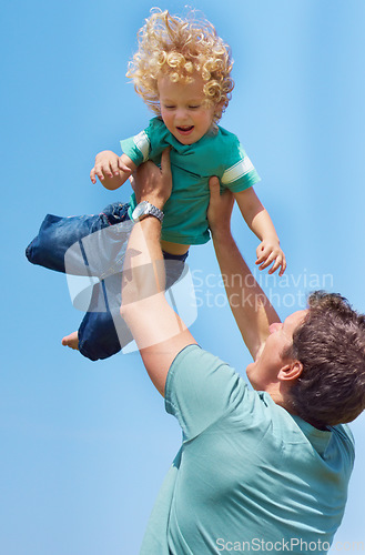 Image of Happy, throwing and blue sky with father and son for playful, bonding and parenting. Smile, summer and affectionate with man and young boy playing for happiness, trust and free time on weekend