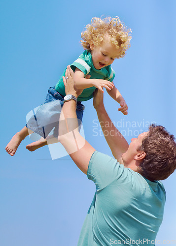 Image of Happy, lifting and air with father and son for playful, bonding and parenting. Smile, summer and affectionate with man and young boy playing for happiness, trust and free time on weekend