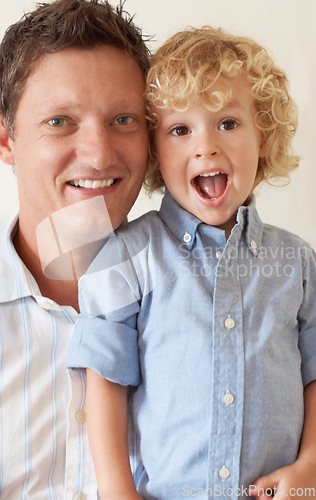 Image of Love, happy family and portrait of father with child in living room. Caring or happiness, people bonding and male single parent with son spending quality time together indoors at their home.