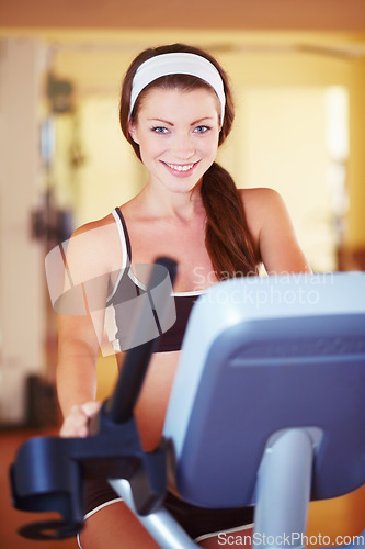 Image of Woman, treadmill and gym portrait with happiness, excited face and steps for fitness, wellness or health. Girl runner, running machine and happy for workout, exercise or training for self care goal