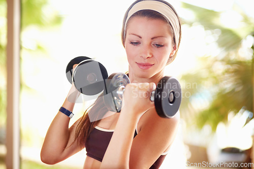 Image of Sports, fitness and woman with dumbbells for exercise, training and workout. Athlete, bodybuilder and female person weight lifting for strong muscle, power or strength for health, wellness and energy