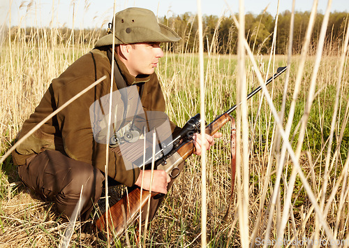 Image of Hiding, game hunter and gun of man in nature on a safari for shooting and animal spotting. Sun, outdoor and sniper with scope and male person with a hunting weapon in Africa with patience and crouch