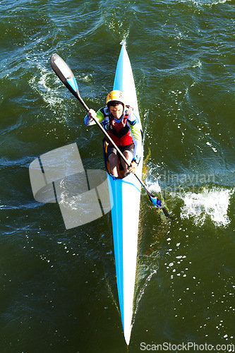 Image of Relax, travel and kayak with man in river for vacation trip, summer and water sports from above. Nature, health and peace with male kayaker rowing in canoe boat for fitness, competition and race