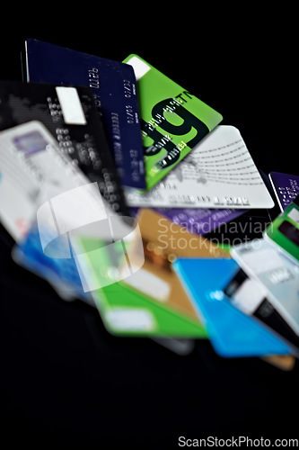 Image of Credit cards, financial and bank debt with no people and plastic investment fund. Savings, debit and finance card pile for banking account, online funding and electronic payment for bills and loan