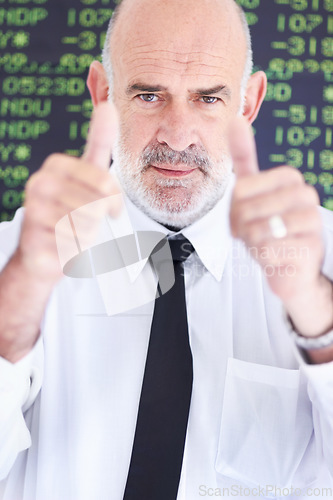 Image of Stock market portrait, senior man and thumbs up satisfaction for financial crypto, profit or investing revenue. Trading investment numbers, emoji like gesture and business person with economy growth