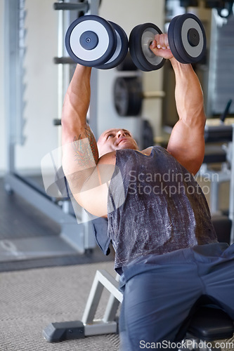 Image of Fitness, bodybuilder and dumbbells with man in gym for muscle, workout and strong. Exercise, training and weightlifting with male athlete and equipment for heavy, commitment and powerlifting