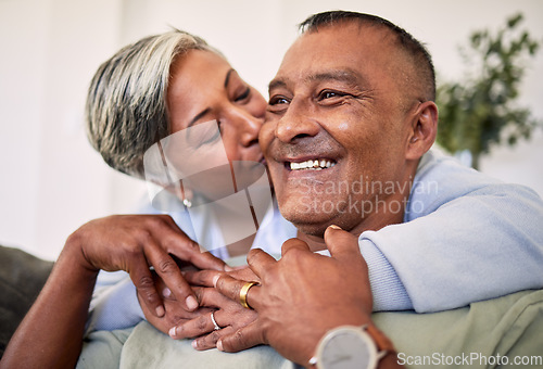 Image of Face, kiss or happy elderly couple hug, support and enjoy time together, smile and retirement wellness. Happiness, Mexico home and senior man, old woman or people bonding, relax and care for partner