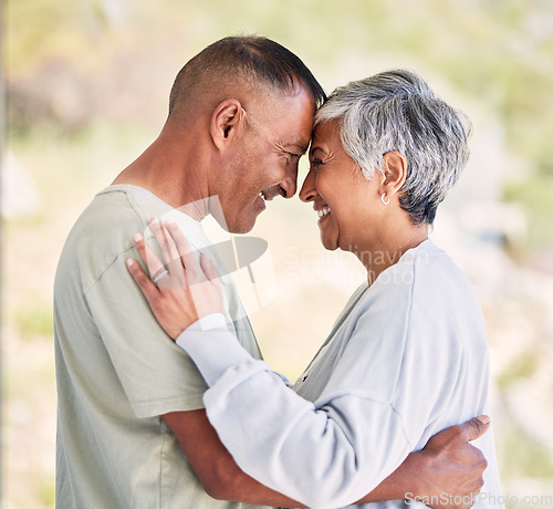 Image of Senior couple, happy together and love in marriage or hug with support in nature, garden or nursing home. Lovers, embrace and elderly people relax with freedom, happiness and smile in retirement