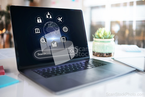 Image of Search bar, internet and website with laptop screen in office for networking, digital and technology. Ux, data and iot with computer in agency for app, global communication and research