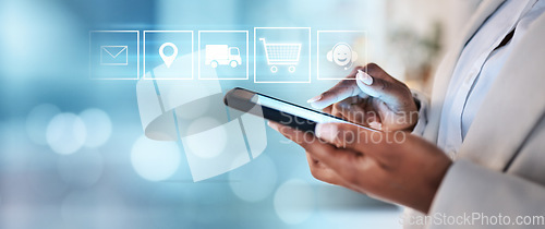 Image of Hologram, businesswoman or hands typing on a phone for an app, social media, internet post or notification. Icons, digital mockup space or worker texting or searching for online shopping on mobile