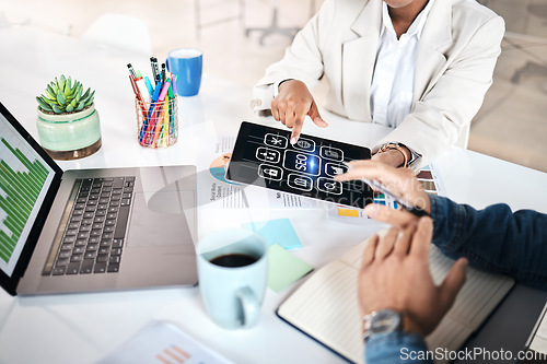 Image of Business people, hands and tablet with icons for marketing, analytics or SEO at the office. Group working on technology display for online research, teamwork or planning strategy at workplace