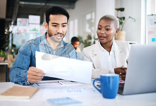 Image of Office, business people and web design plan with sales strategy and communication at a company. Talking, collaboration and teamwork with creative paperwork analysis of marketing and data statistics