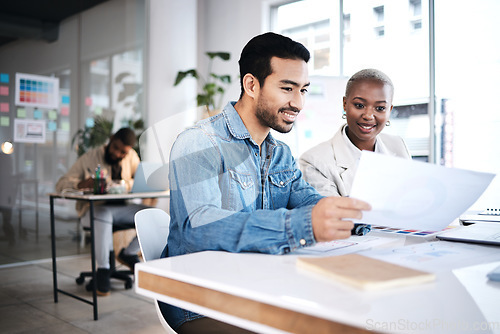 Image of Office, business people and paperwork with sales strategy and communication at a company. Talking, collaboration and teamwork with brainstorming and data analysis of workforce with staff statistics