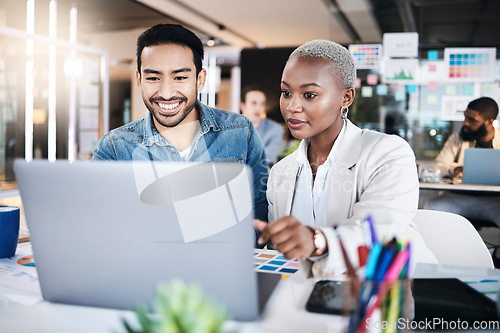 Image of Business people, teamwork and laptop planning in creative agency for project, information or collaboration. Man, woman and diversity of employees at computer for feedback in coworking startup company