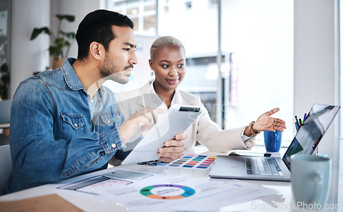 Image of Office, business people and data with sales strategy and communication at a company. Talking, collaboration and teamwork with brainstorming and paperwork analysis of workforce with staff statistics