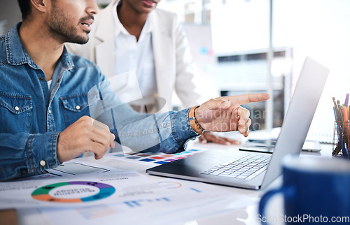 Image of Computer, business people and data with sales strategy and communication at a company. Talking, collaboration and teamwork with brainstorming and paperwork analysis of workforce with staff statistics