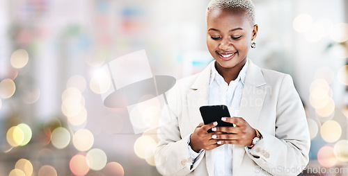 Image of Banner, black woman in business and smartphone, typing and mockup space with corporate communication and smile. Bokeh, email and networking, social media marketing and female professional using phone