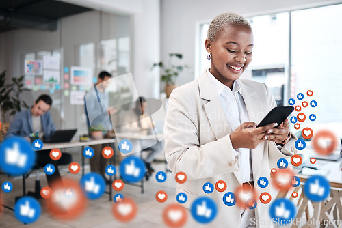 Image of Social media, icon and woman use phone in an office texting or networking as communication with overlay of like emoji. Digital, chat and employee or worker texting on a mobile app, website or web
