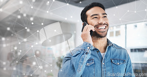 Image of Network, thinking and a businessman on a phone call with an overlay for planning and communication. Happy, idea and an Asian person speaking on a mobile with a vision for global growth of company