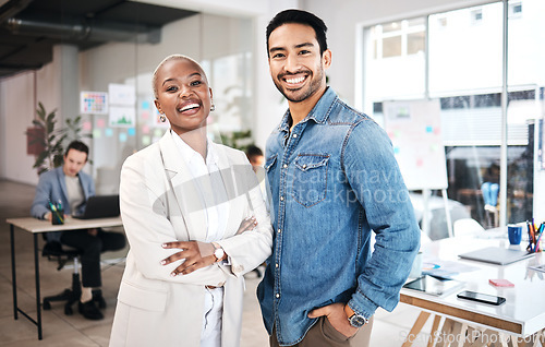 Image of Business people, portrait and happy laughing in office for leadership, motivation and partnership. Face, diversity and design team collaboration with smile, teamwork and startup, mission or goal