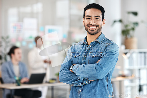 Image of Portrait, confident and happy man in office with mockup, leadership and startup business ceo at agency. Project management career, smile and businessman boss with arms crossed in corporate work space