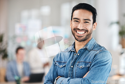 Image of Portrait, business and man with arms crossed, smile or success with a career, professional or confident. Face, male person or employee with office or advertising agent with happiness or goals