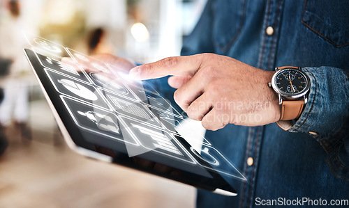 Image of Hands, tablet and hologram dashboard in office, startup and typing for web design, ux test and futuristic app. Developer, holographic user experience and digital touchscreen for menu, planning and ui