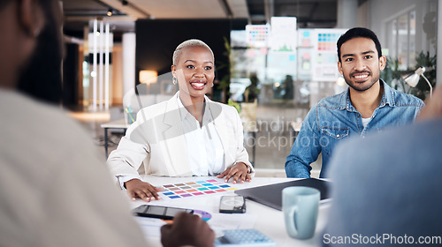 Image of Meeting, discussion and business people planning a creative project at a startup design office. Talk, brainstorming and team of designers talking and working on artistic ideas for strategy in a group