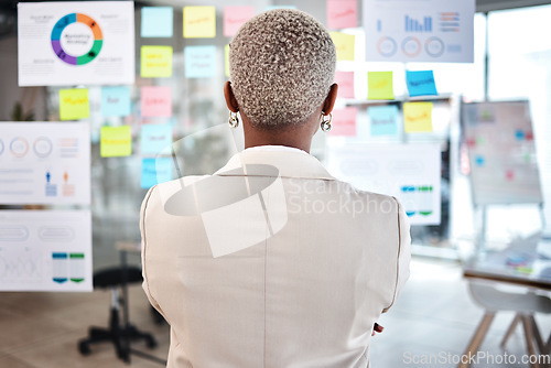 Image of Business woman, back and thinking in project management, marketing or planning at the office. Rear view of Female person, manager or employee checking vision board of company statistics at workplace