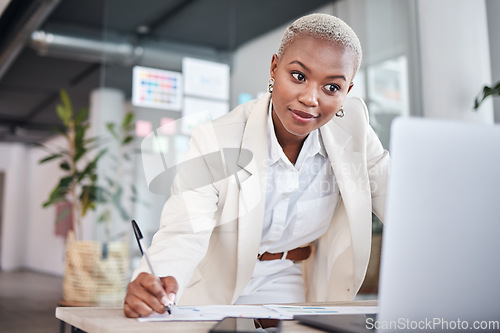 Image of Business woman, reading research and graphic designer with notes and planning for project. Company, African female person and design strategy in a office writing information for website at agency