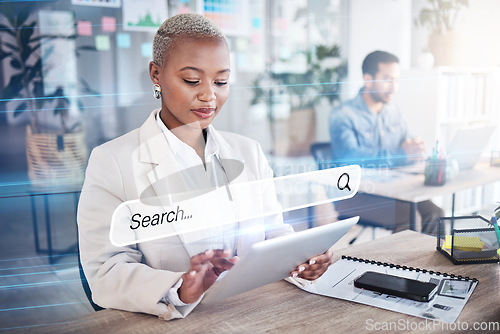 Image of Woman, business and tablet search engine for information hologram, SEO graphic and iot research. Creative, worker and African employee on digital web technology, internet and office browsing overlay