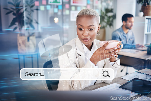 Image of Woman, business and laptop search engine for information hologram, SEO graphic and iot research. Thinking, worker and African employee with coffee on technology, internet and office browsing overlay