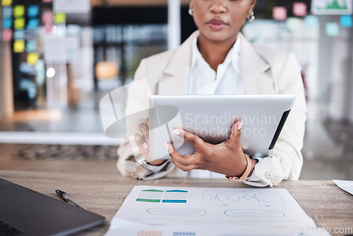 Image of Tablet, data and documents with a business black woman planning a strategy for future development in her office. Hands, research or innovation with a female employee sitting in a corporate workplace