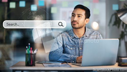 Image of Businessman, thinking and laptop search engine hologram for information, global SEO and iot research. Thinking, worker and Asian person with ideas on technology, internet and office browsing overlay