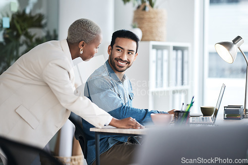 Image of Business people, asian man and talking to colleague in office for planning project, information and collaboration on laptop. Happy employees, discussion and team conversation on computer in agency