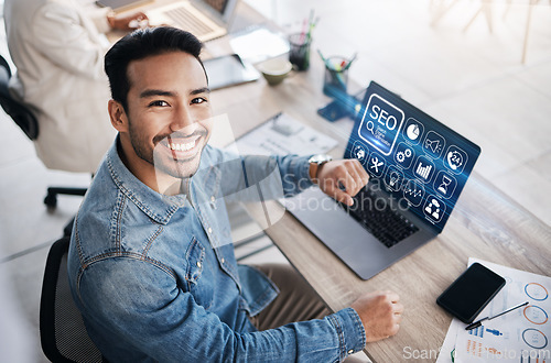 Image of Seo, laptop screen and ux with portrait of man in office for research, communication and website. Internet, social media and app with employee in digital agency for creative, blog and technology