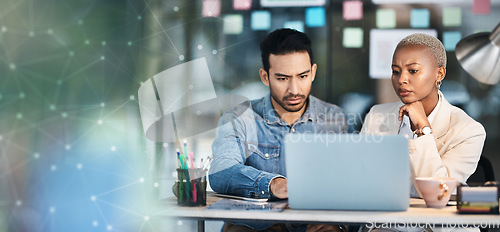 Image of Teamwork, laptop and overlay with business people and research in office for creative, networking and review. Banner, mockup and startup with man and black woman in digital agency for website